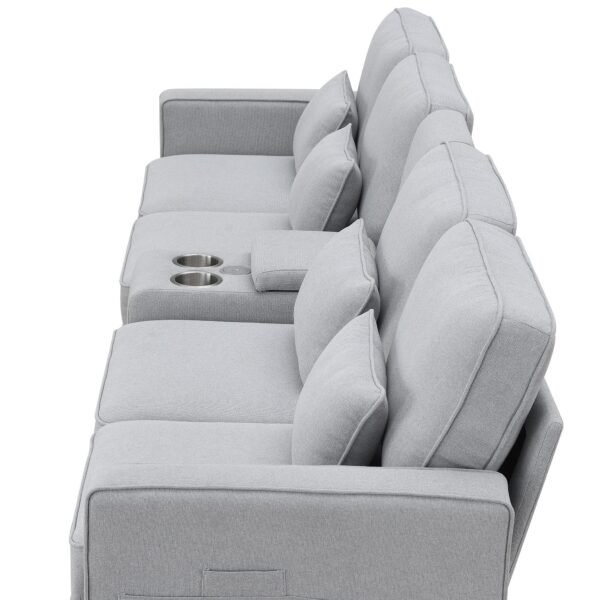 Modern 4-Seat Deep Sofa with Ottoman, USB, Storage Console & Toss Pillows – Light Gray Fabric Couch - Image 15