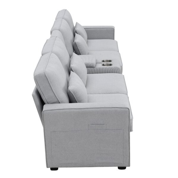 Modern 4-Seat Deep Sofa with Ottoman, USB, Storage Console & Toss Pillows – Light Gray Fabric Couch - Image 16