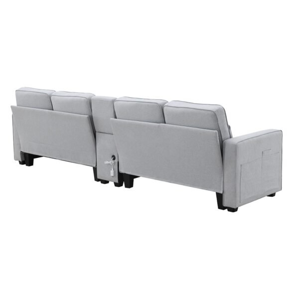 Modern 4-Seat Deep Sofa with Ottoman, USB, Storage Console & Toss Pillows – Light Gray Fabric Couch - Image 17