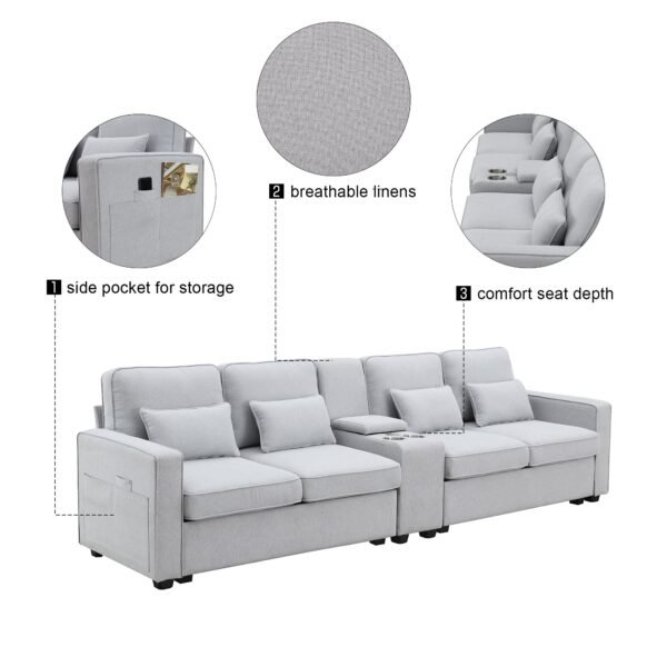 Modern 4-Seat Deep Sofa with Ottoman, USB, Storage Console & Toss Pillows – Light Gray Fabric Couch - Image 4