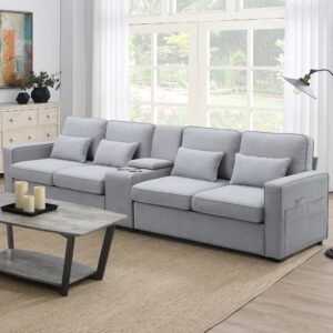 Modern 4-Seat Deep Sofa with Ottoman, USB, Storage Console & Toss Pillows – Light Gray Fabric Couch