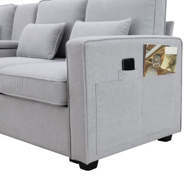 Modern 4-Seat Deep Sofa with Ottoman, USB, Storage Console & Toss Pillows – Light Gray Fabric Couch - Image 6