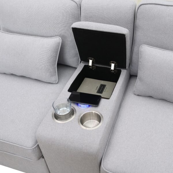 Modern 4-Seat Deep Sofa with Ottoman, USB, Storage Console & Toss Pillows – Light Gray Fabric Couch - Image 7