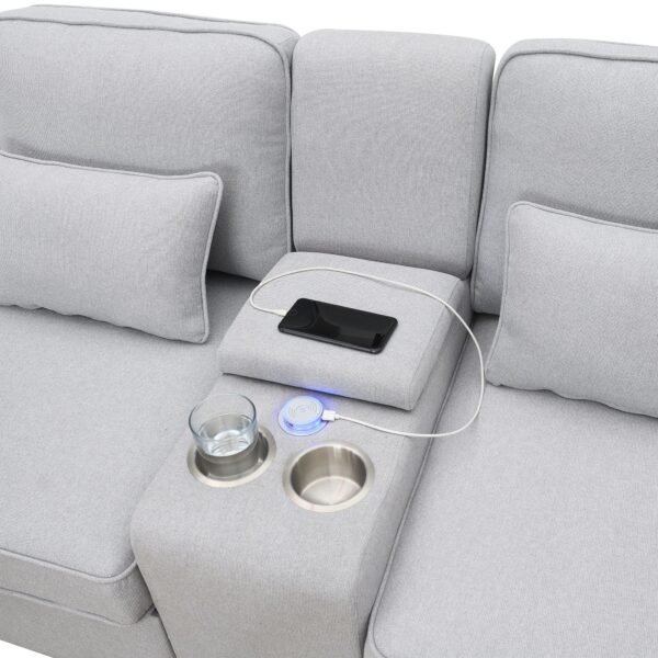 Modern 4-Seat Deep Sofa with Ottoman, USB, Storage Console & Toss Pillows – Light Gray Fabric Couch - Image 8