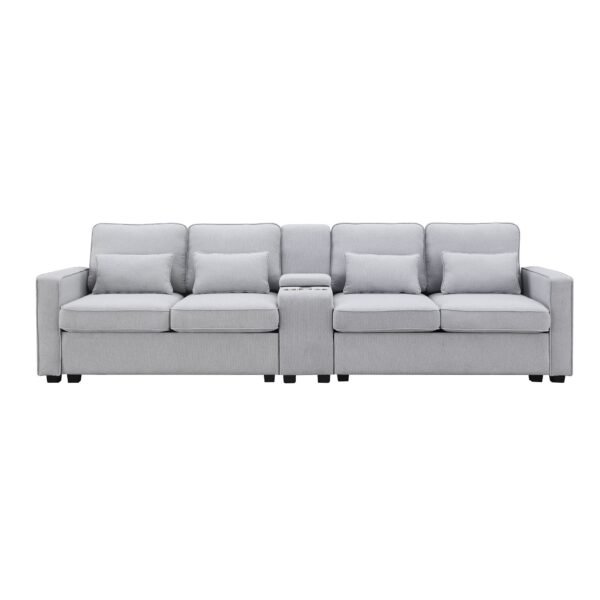 Modern 4-Seat Deep Sofa with Ottoman, USB, Storage Console & Toss Pillows – Light Gray Fabric Couch - Image 10