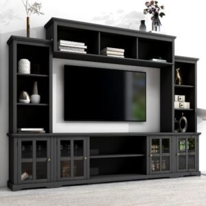 Modern Black Wall Unit TV Stand with Bridge – Fits 70" TVs, Glass Doors, Storage Shelves