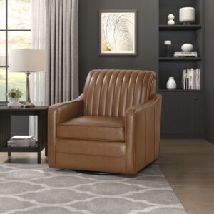 Luxurious Brown Faux Leather Swivel Chair with Channel Back – Modern Living Room Accent