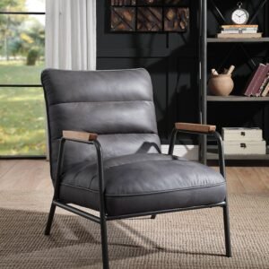 Nignu Gray Top Grain Leather & Matt Iron Finish Accent Chair