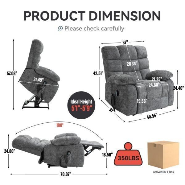 Grey Dual Motor Power Lift Recliner Chair with Massage & Heat – Up to 350 lbs - Image 2