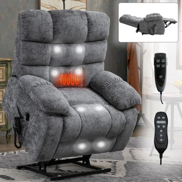 Grey Dual Motor Power Lift Recliner Chair with Massage & Heat – Up to 350 lbs