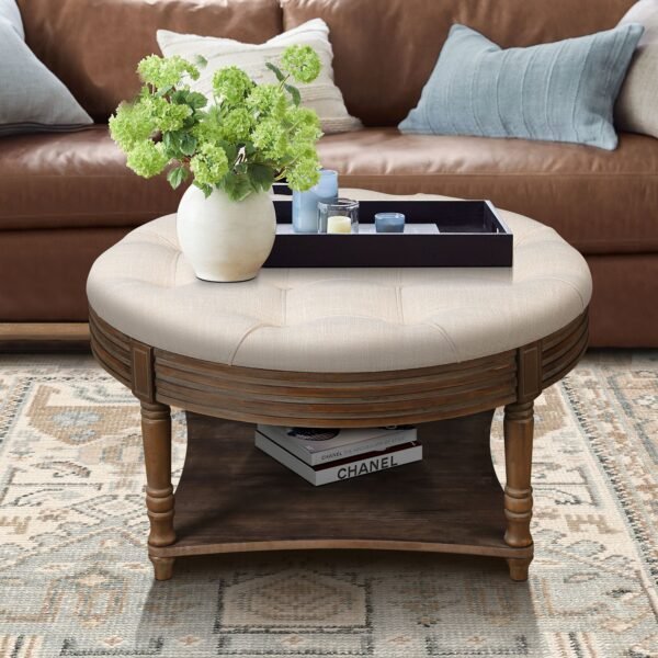 Large Round Waterproof Tufted Ottoman Coffee Table – 2-Tier Linen Storage Footstool in Warm White - Image 2