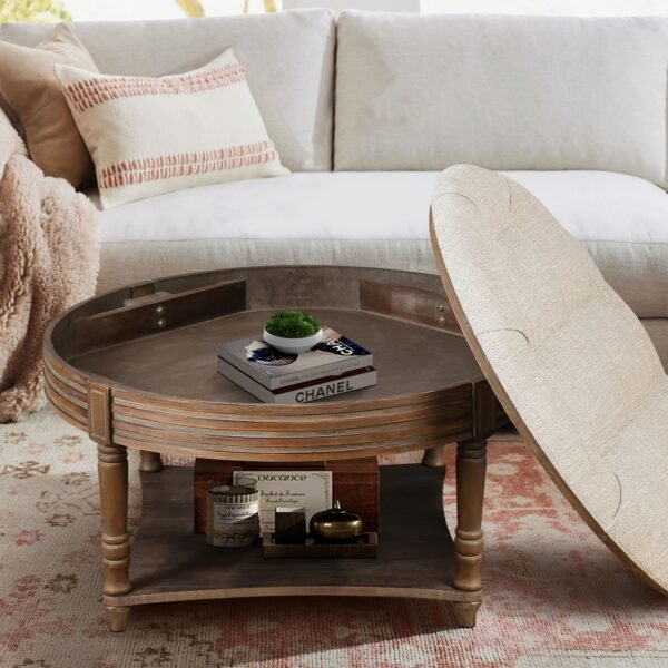 Large Round Waterproof Tufted Ottoman Coffee Table – 2-Tier Linen Storage Footstool in Warm White - Image 3