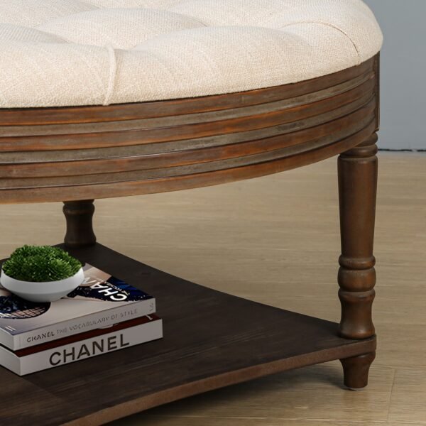 Large Round Waterproof Tufted Ottoman Coffee Table – 2-Tier Linen Storage Footstool in Warm White - Image 4