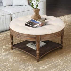 Large Round WaterProof Ottoman Coffee Table 2 Tier Oversized Button Tufted Ottoman with Wooden Shelf Storage Farmhouse Upholstered Coffee Table Living Room Footstool Ottoman Linen(Warm White)