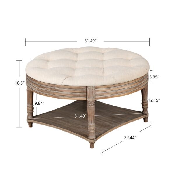 Large Round Waterproof Tufted Ottoman Coffee Table – 2-Tier Linen Storage Footstool in Warm White - Image 5