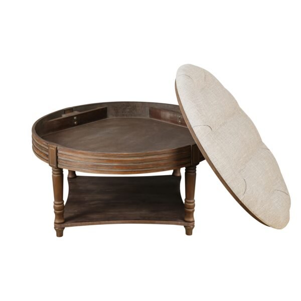 Large Round Waterproof Tufted Ottoman Coffee Table – 2-Tier Linen Storage Footstool in Warm White - Image 6