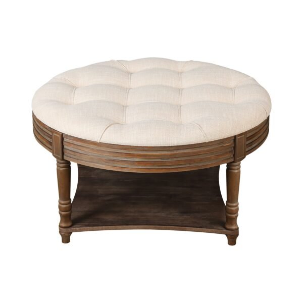 Large Round Waterproof Tufted Ottoman Coffee Table – 2-Tier Linen Storage Footstool in Warm White - Image 8