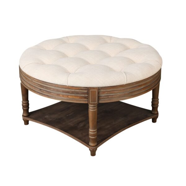 Large Round Waterproof Tufted Ottoman Coffee Table – 2-Tier Linen Storage Footstool in Warm White - Image 9