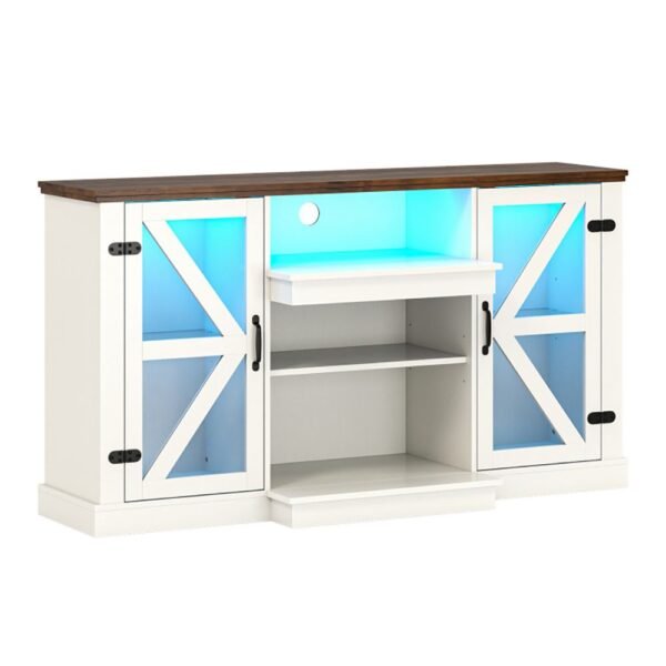 59" LED TV Stand with Storage Shelves – Remote Control, Dynamic Lighting Modes, Glass Doors, White - Image 2