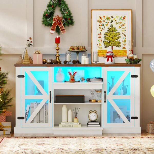 59" LED TV Stand with Storage Shelves – Remote Control, Dynamic Lighting Modes, Glass Doors, White - Image 3