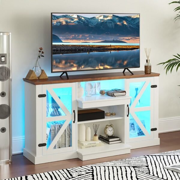 59" LED TV Stand with Storage Shelves – Remote Control, Dynamic Lighting Modes, Glass Doors, White - Image 4
