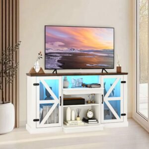 59" LED TV Stand with Storage Shelves – Remote Control, Dynamic Lighting Modes, Glass Doors, White