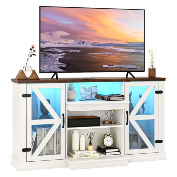 59" LED TV Stand with Storage Shelves – Remote Control, Dynamic Lighting Modes, Glass Doors, White - Image 5