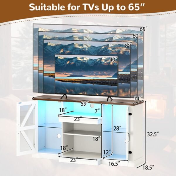 59" LED TV Stand with Storage Shelves – Remote Control, Dynamic Lighting Modes, Glass Doors, White - Image 6