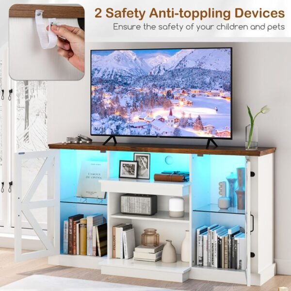 59" LED TV Stand with Storage Shelves – Remote Control, Dynamic Lighting Modes, Glass Doors, White - Image 7