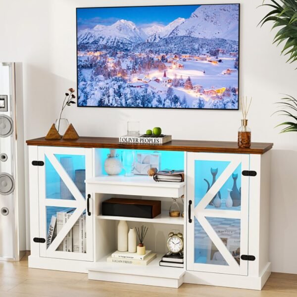 59" LED TV Stand with Storage Shelves – Remote Control, Dynamic Lighting Modes, Glass Doors, White - Image 8