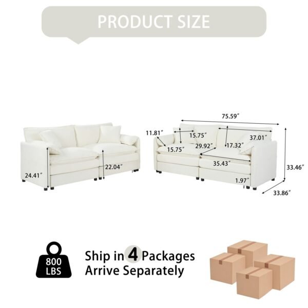 Oversized Beige Chenille Loveseat Sofa Set – 2-Piece Deep Seat Cloud Couches with Pillows for Living Room or Office - Image 6