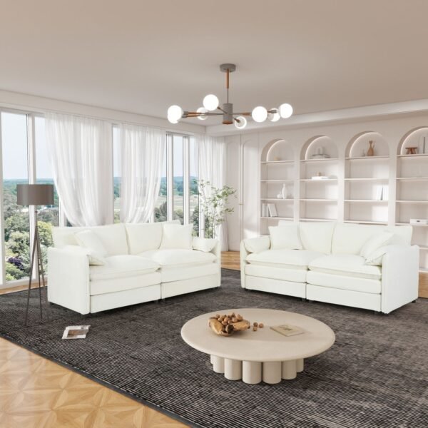 Oversized Beige Chenille Loveseat Sofa Set – 2-Piece Deep Seat Cloud Couches with Pillows for Living Room or Office