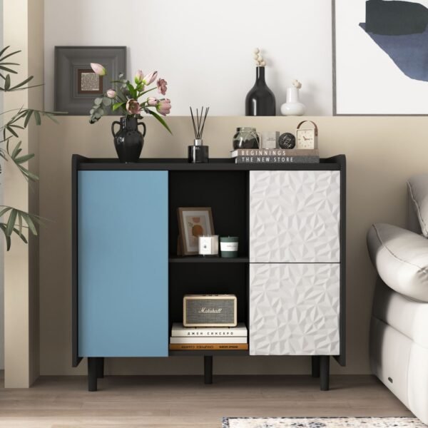 Modern Black Sideboard Buffet Cabinet with Red Doors – 2 Drawers, Open Storage, Kitchen Coffee Bar Cabinet - Image 2
