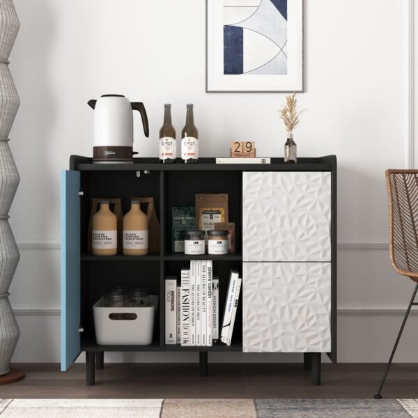 Modern Black Sideboard Buffet Cabinet with Red Doors – 2 Drawers, Open Storage, Kitchen Coffee Bar Cabinet - Image 14