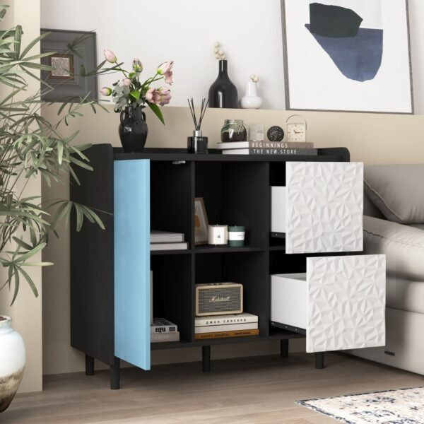 Modern Black Sideboard Buffet Cabinet with Red Doors – 2 Drawers, Open Storage, Kitchen Coffee Bar Cabinet - Image 3