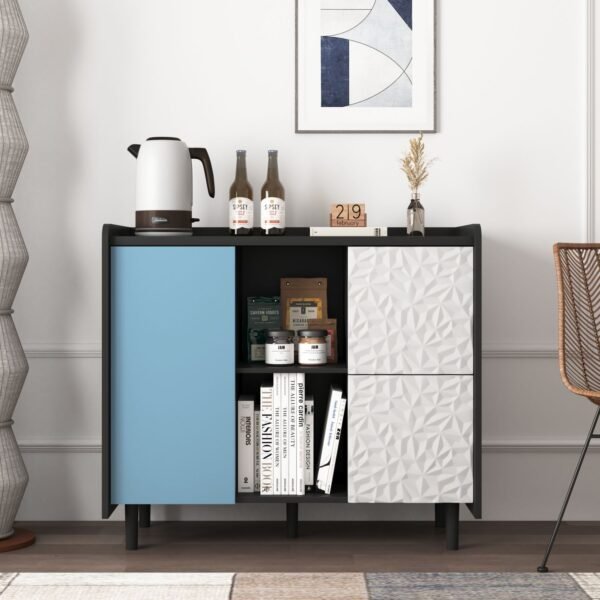 Modern Black Sideboard Buffet Cabinet with Red Doors – 2 Drawers, Open Storage, Kitchen Coffee Bar Cabinet - Image 4