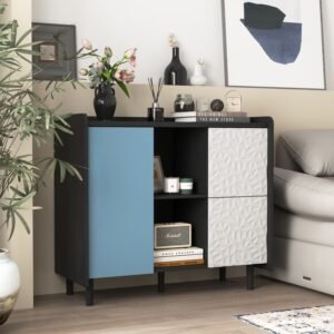 Modern Black Sideboard Buffet Cabinet with Red Doors – 2 Drawers, Open Storage, Kitchen Coffee Bar Cabinet