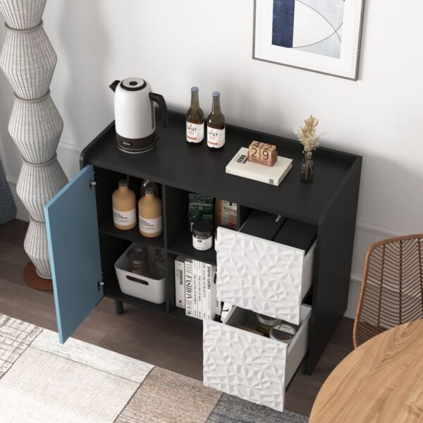 Modern Black Sideboard Buffet Cabinet with Red Doors – 2 Drawers, Open Storage, Kitchen Coffee Bar Cabinet - Image 5