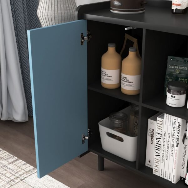 Modern Black Sideboard Buffet Cabinet with Red Doors – 2 Drawers, Open Storage, Kitchen Coffee Bar Cabinet - Image 6