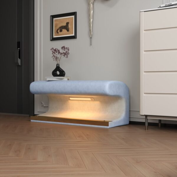Modern Faux Leather Entryway Bench Ottoman with LED Sensor Light – Blue Upholstery, Oval Shape - Image 4