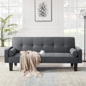 Medieval Button Tufted Fabric Love Seat Sofa with Pillows – Convertible Couch for Living Room or Apartment, Pull Point Design