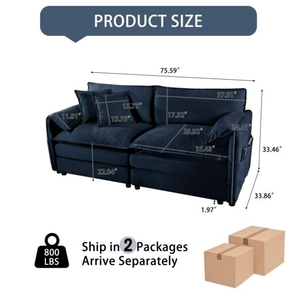 Oversized Chenille Loveseat Sofa – Blue 2-Seater Cloud Couch for Small Spaces, Modular Deep Seat Sofa for Living Room & Bedroom - Image 7