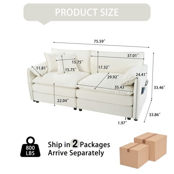 Oversized Chenille Loveseat Sofa – Beige 2-Seater Cloud Couch for Small Spaces, Modular Deep Seat Sofa for Living Room & Bedroom - Image 6