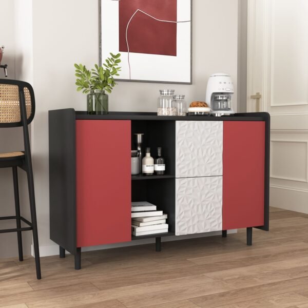 Modern Black Sideboard Buffet Cabinet with Red Doors – 2 Drawers, Open Storage, Kitchen Coffee Bar Cabinet - Image 2