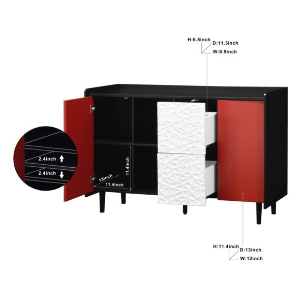 Modern Black Sideboard Buffet Cabinet with Red Doors – 2 Drawers, Open Storage, Kitchen Coffee Bar Cabinet - Image 11