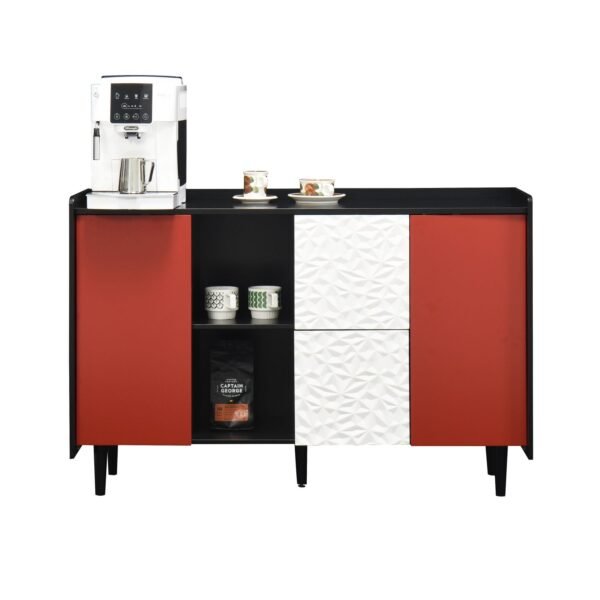 Modern Black Sideboard Buffet Cabinet with Red Doors – 2 Drawers, Open Storage, Kitchen Coffee Bar Cabinet - Image 12