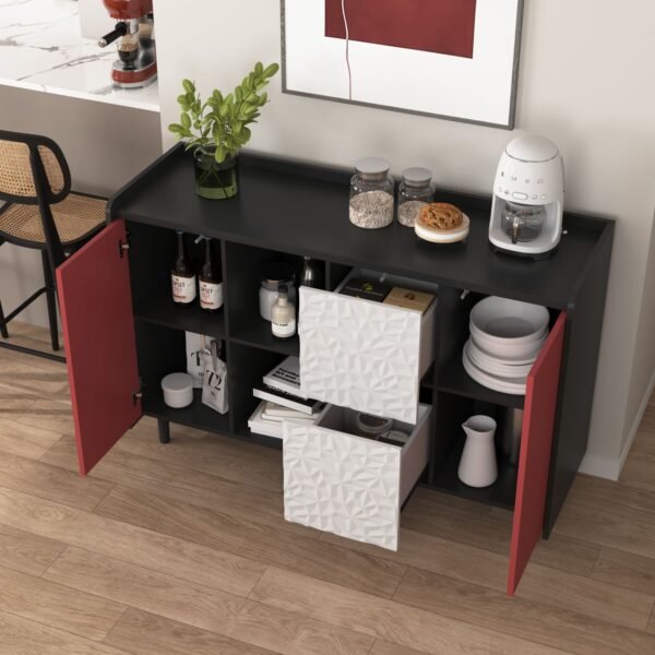 Modern Black Sideboard Buffet Cabinet with Red Doors – 2 Drawers, Open Storage, Kitchen Coffee Bar Cabinet - Image 4