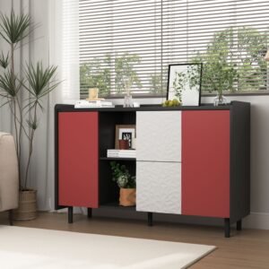 Modern Black Sideboard Buffet Cabinet with Red Doors – 2 Drawers, Open Storage, Kitchen Coffee Bar Cabinet