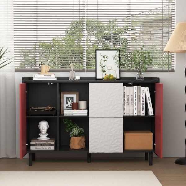 Modern Black Sideboard Buffet Cabinet with Red Doors – 2 Drawers, Open Storage, Kitchen Coffee Bar Cabinet - Image 5