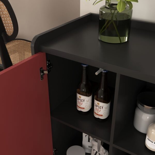 Modern Black Sideboard Buffet Cabinet with Red Doors – 2 Drawers, Open Storage, Kitchen Coffee Bar Cabinet - Image 7